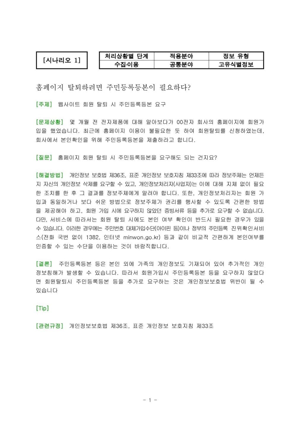개인정보보호법 적용사례 시나리오 100건 PDF 미리보기 1페이지